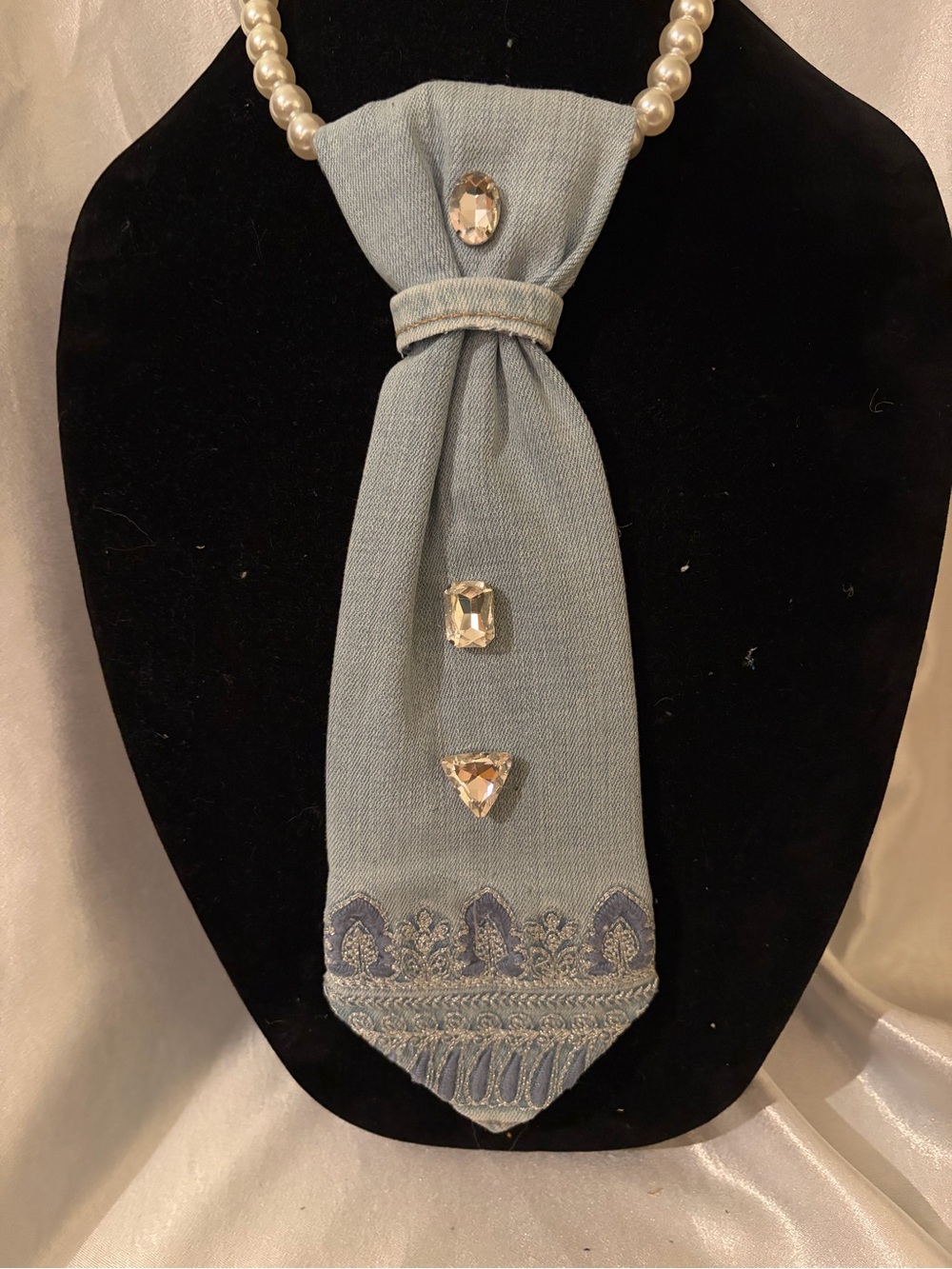 Light Blue Denim Tie Necklace with Silver color accents